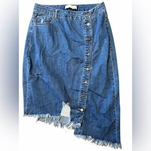 Cato Denim Asymmetrical Distressed Midi Skirt